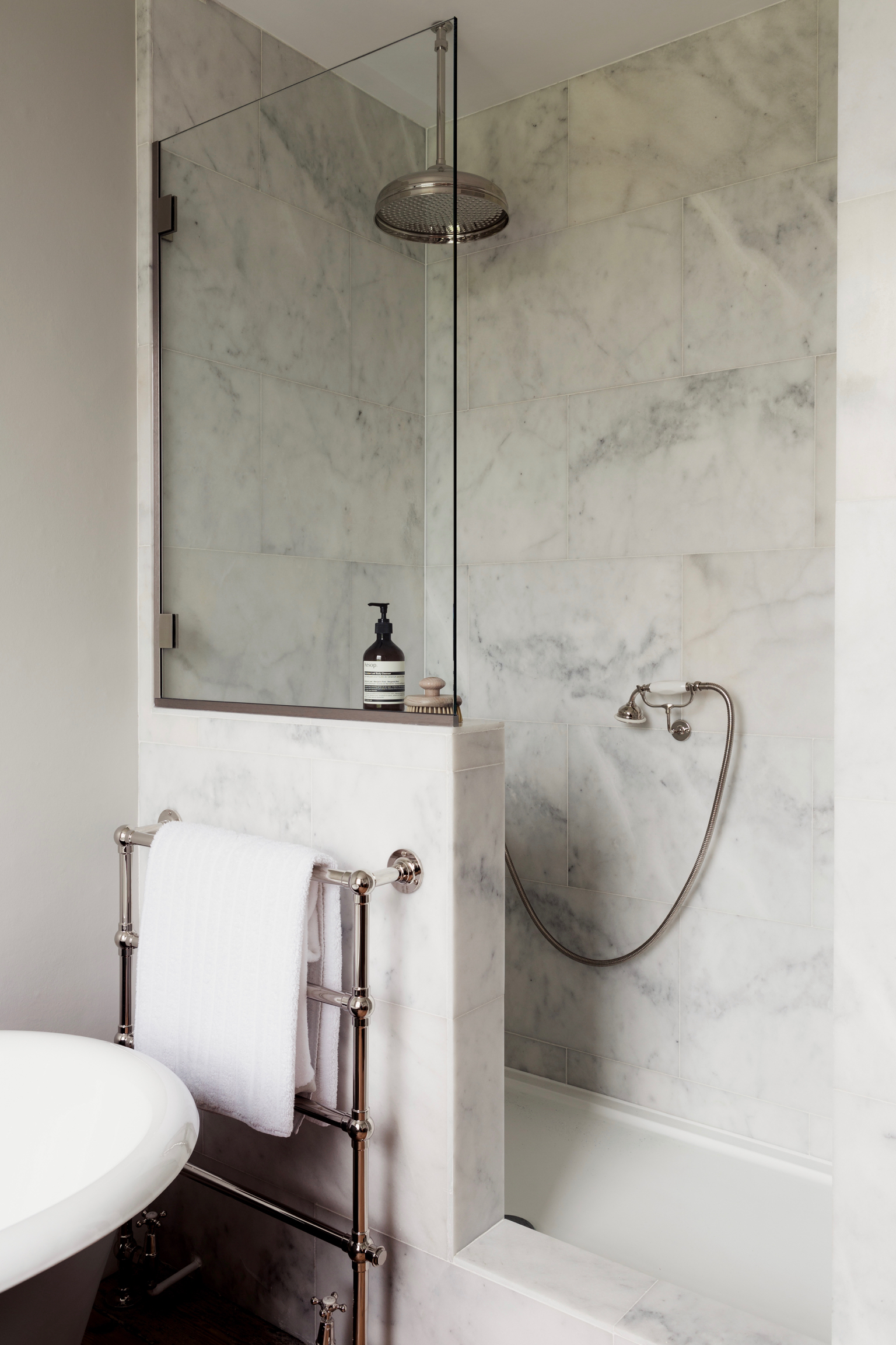 Marble white lines bathroom interior renovation