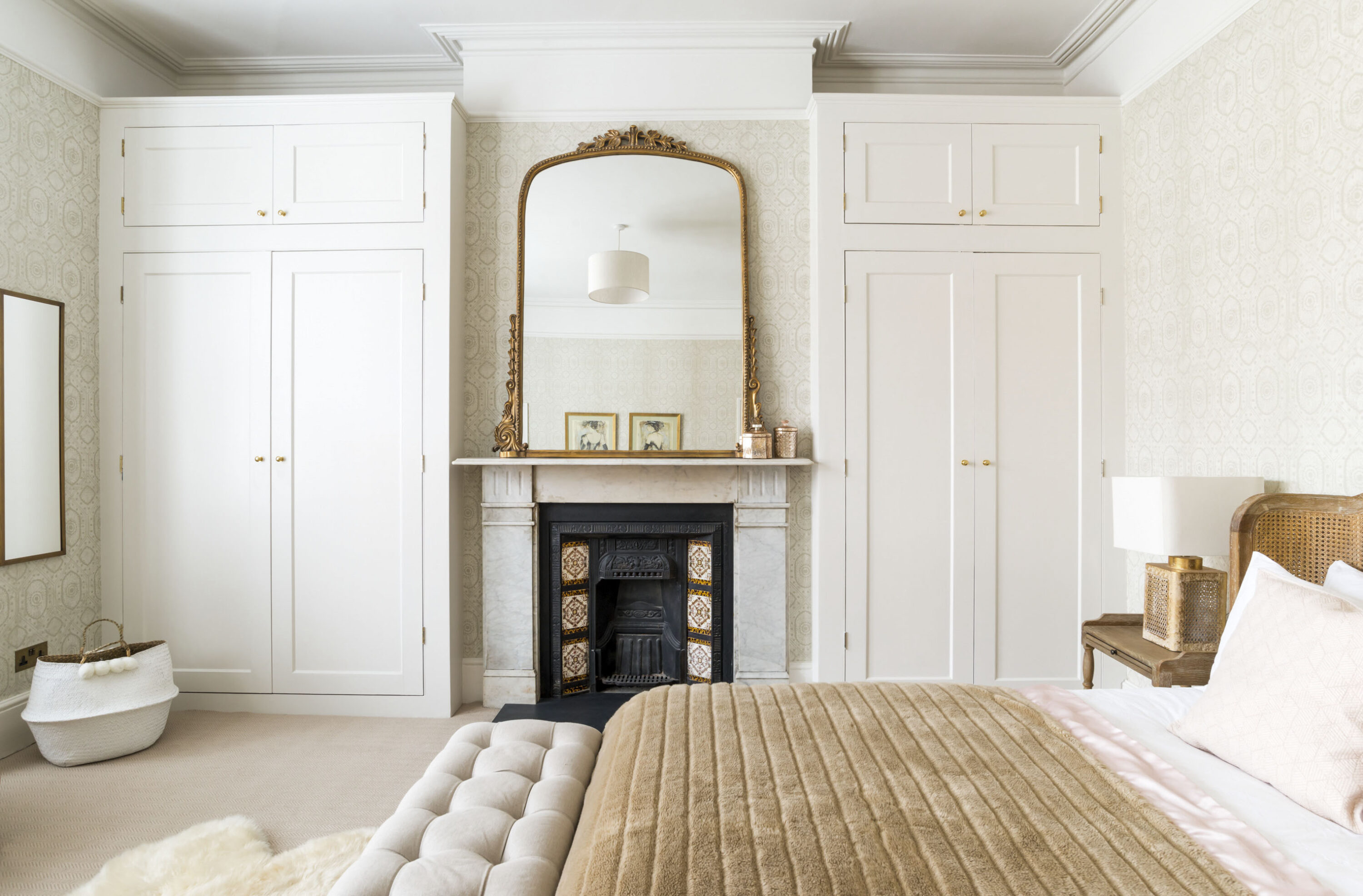 London townhouse interior renovation gold chic master bedroom