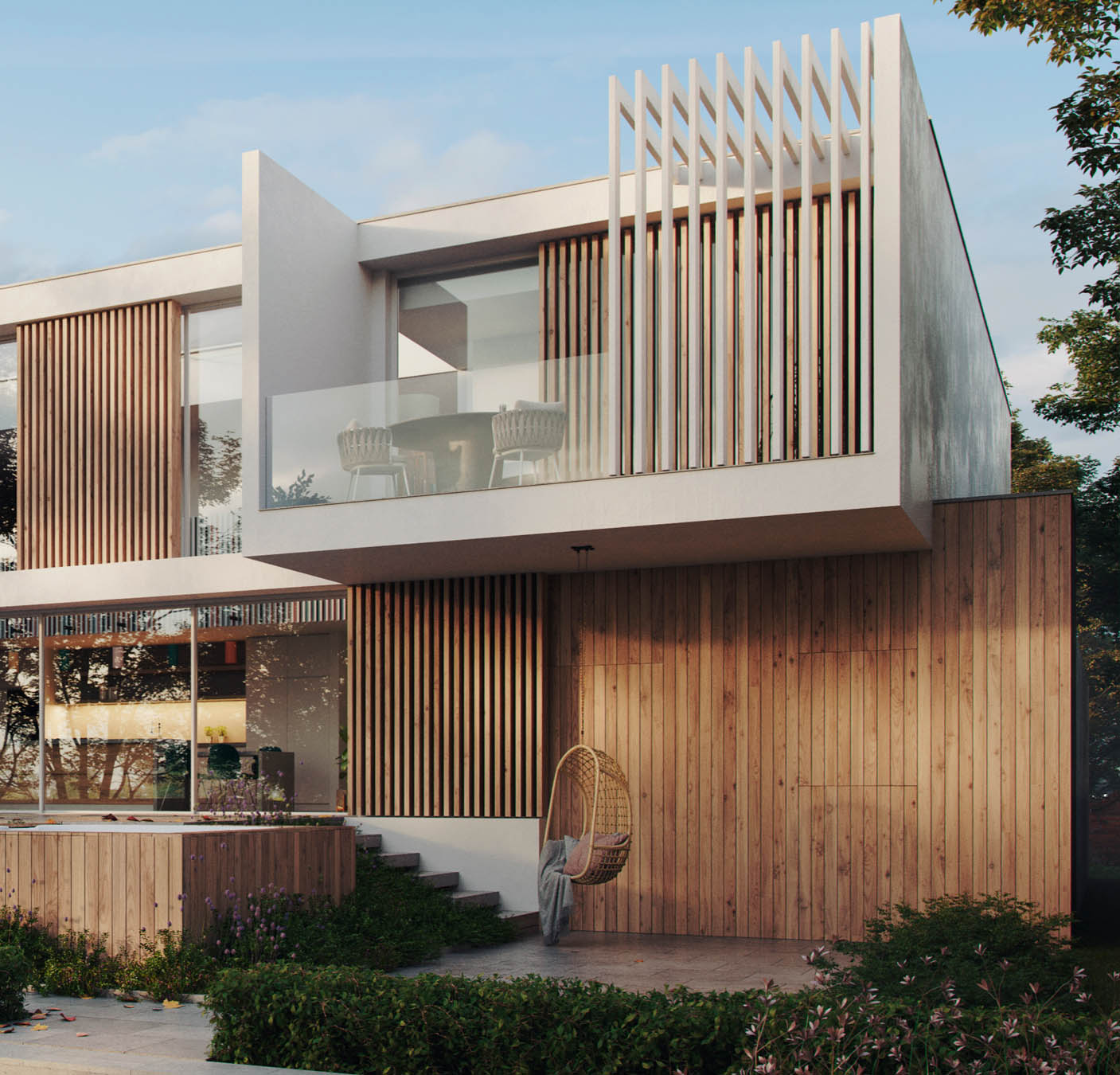 Modern riverside sustainable technologies new build render