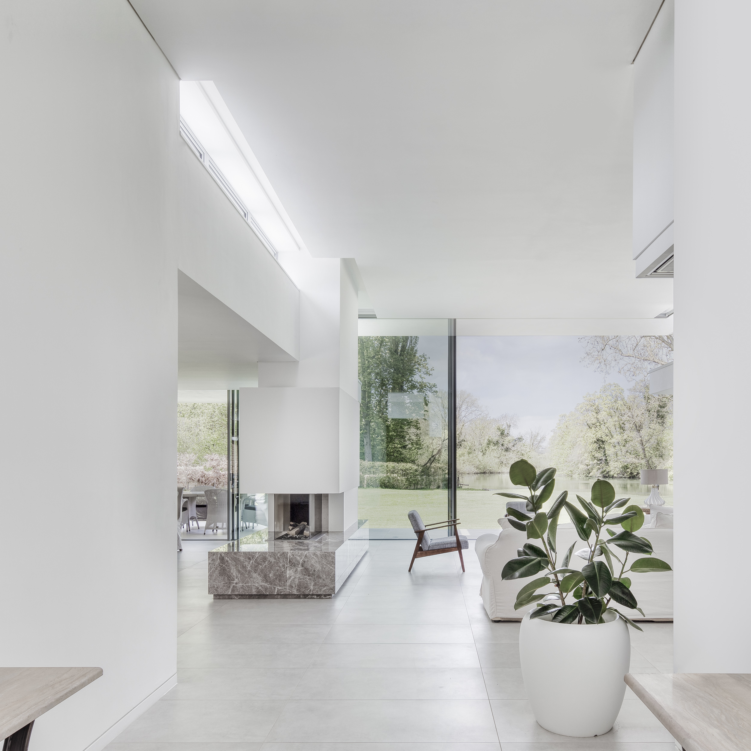 River House white lines glass walls interior design