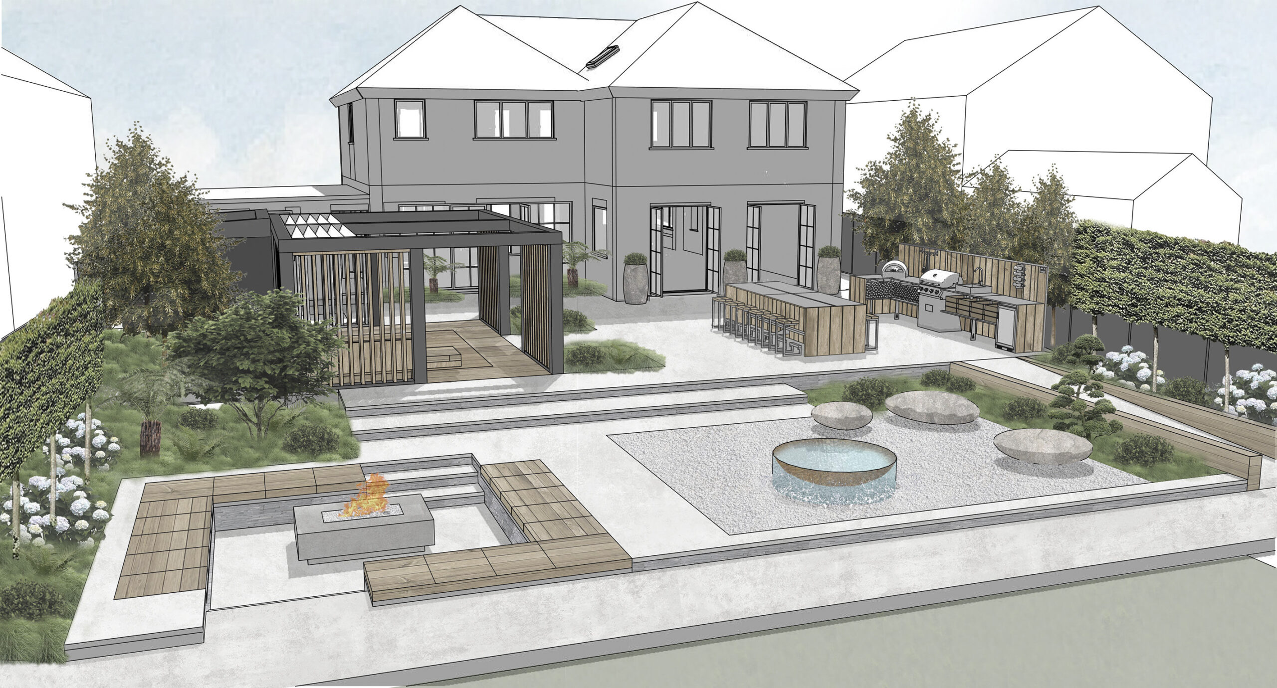 Luxury country home garden rooms entertaining 3D design