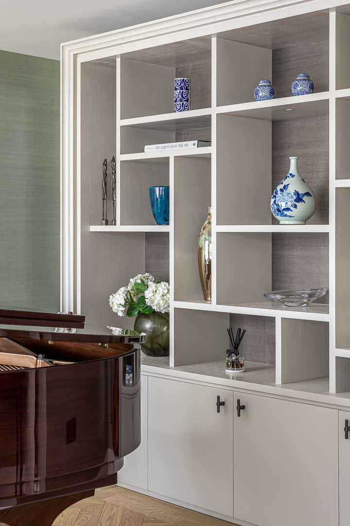 Bespoke white shelving joinery music room interior design
