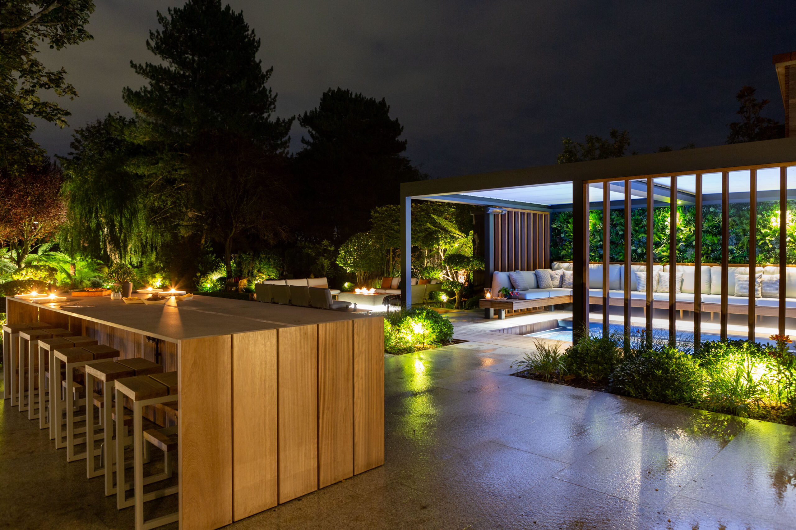 Outdoor kitchen and hot tub garden design