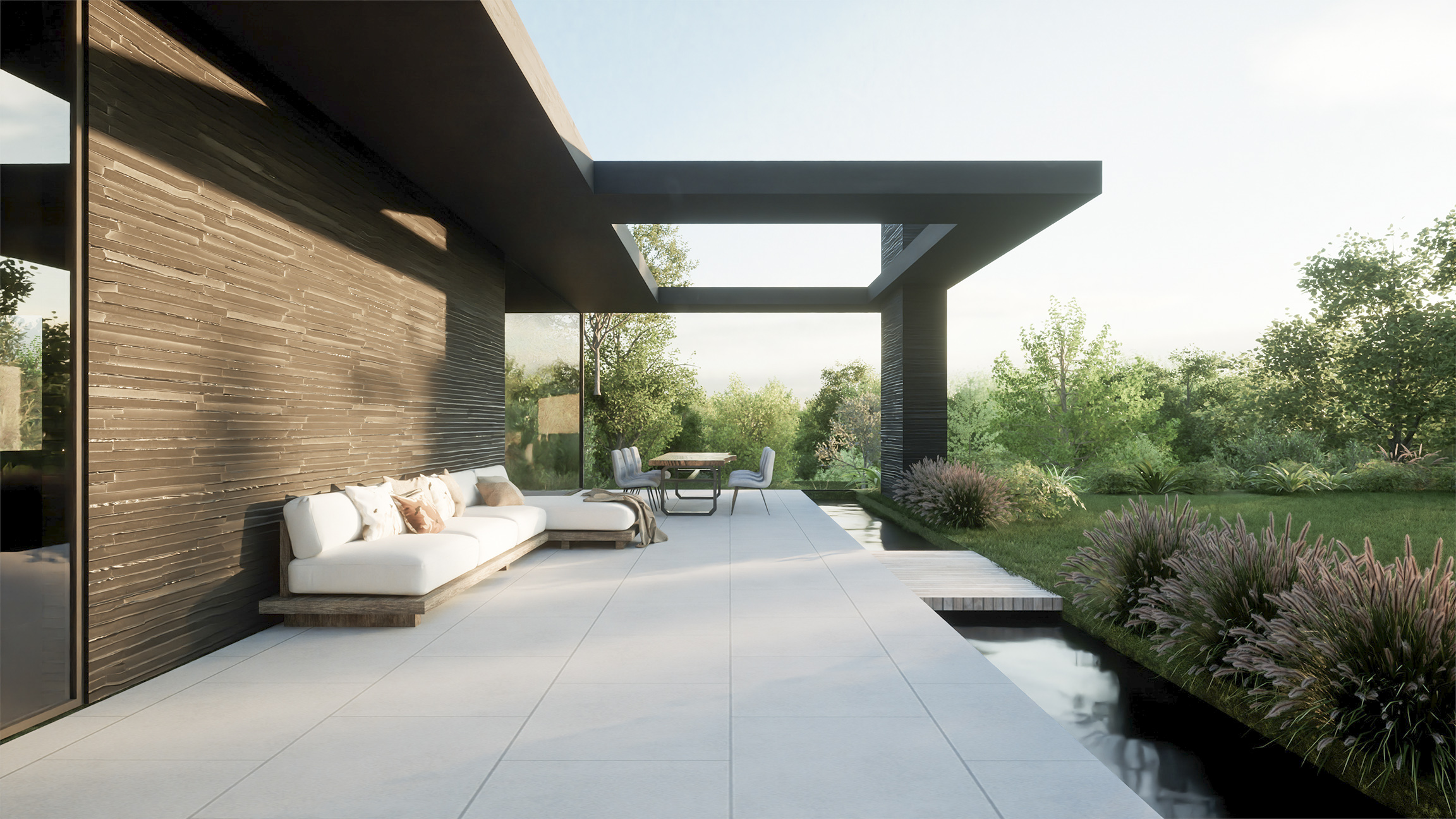 HollandGreen Landscape Designers create High end new build home design with cut-out courtyard & cantilevered overhang