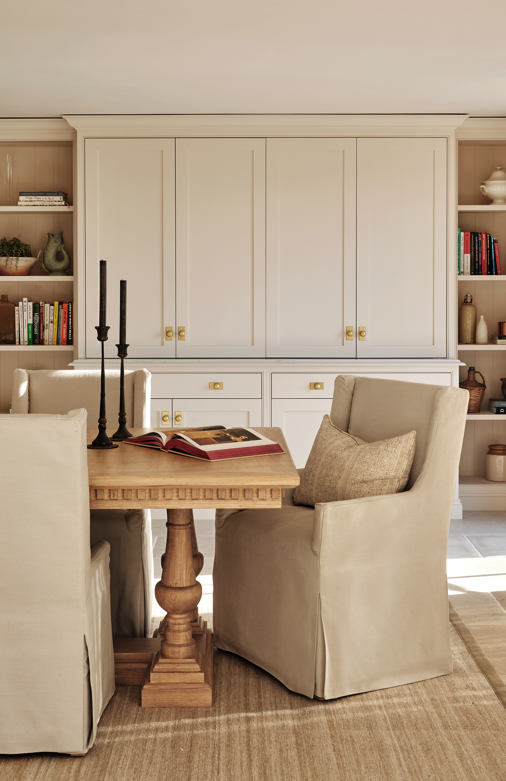 Farmhouse dining table anchors the living space