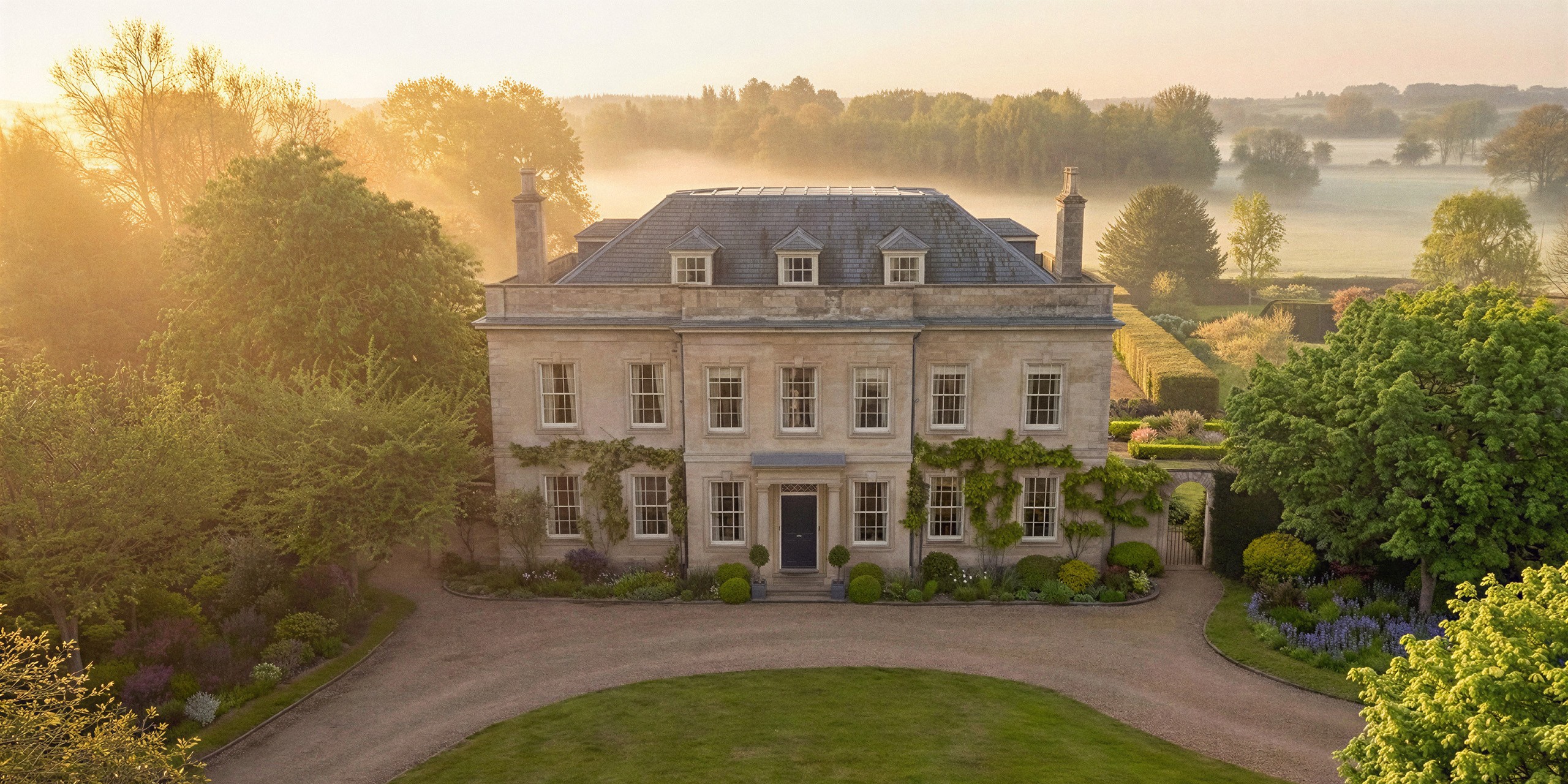 The symmetrical facade of a Grade II listed Cotswold manor house, set within landscaped gardens at sunrise.