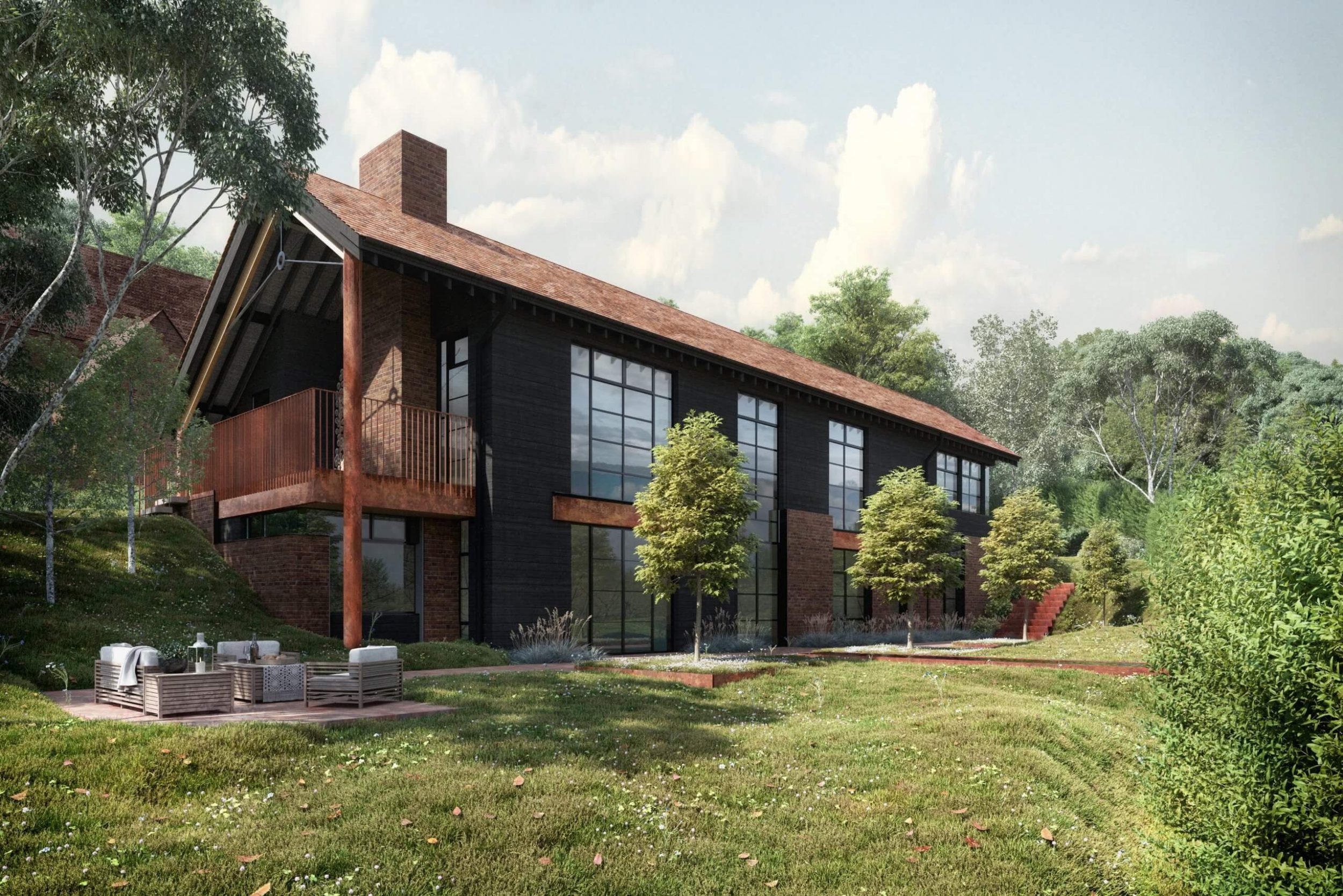 The Hide Design Journey a modern corten steel new build overlooking countryside views